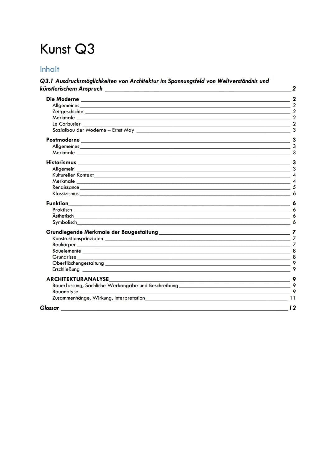 Kunst Q3
Inhalt
Q3.1 Ausdrucksmöglichkeiten von Architektur im Spannungsfeld von Weltverständnis und
künstlerischem Anspruch
Die Moderne
All