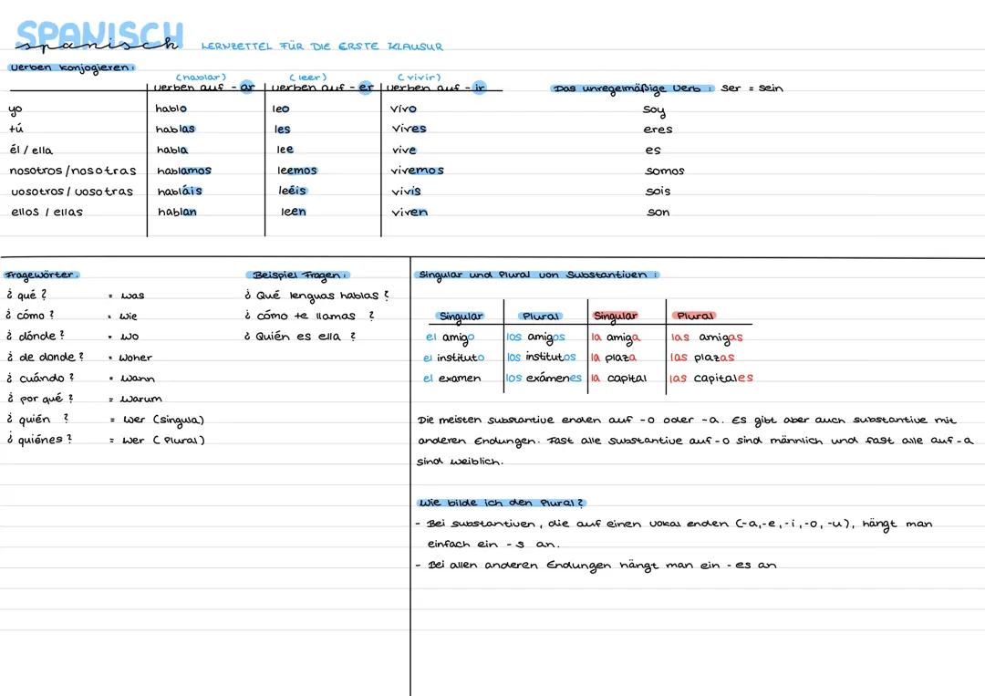 Konjugieren von Verben, Fragewörter, Sigular und Plural von Substantiven (11. Klasse(aber neu))