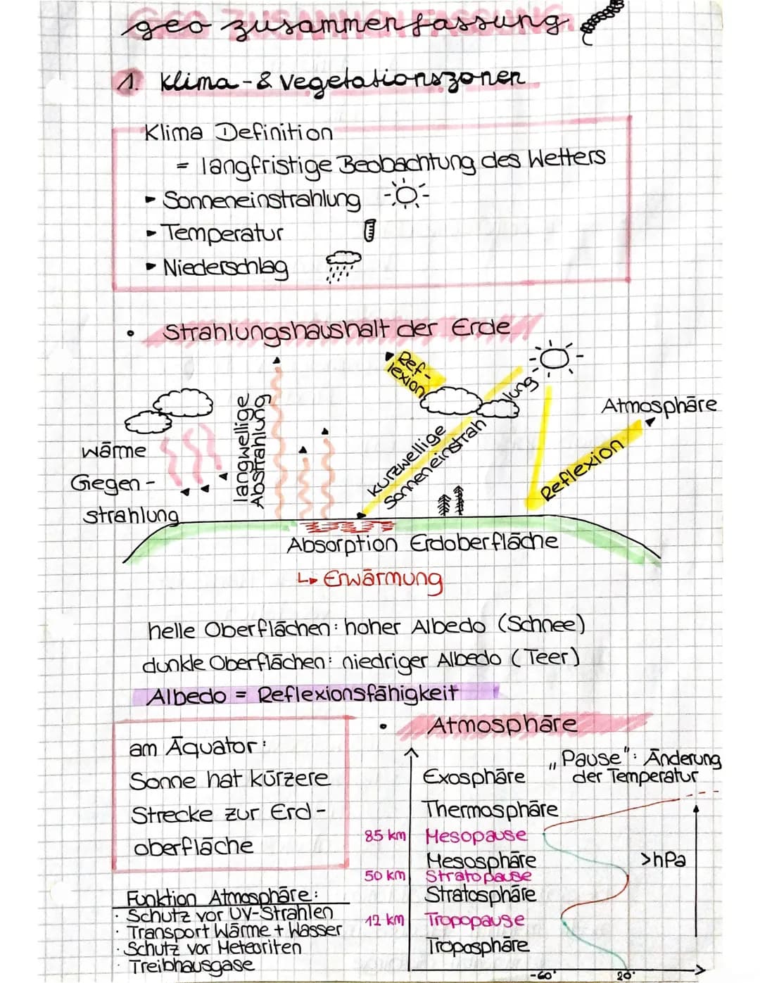 geo zusammenfassung.
1. Klima- & Vegetationszonen.
Klima Definition
=
- langfristige Beobachtung des Wetters
Sonneneinstrahlung --
0
O
►
- T