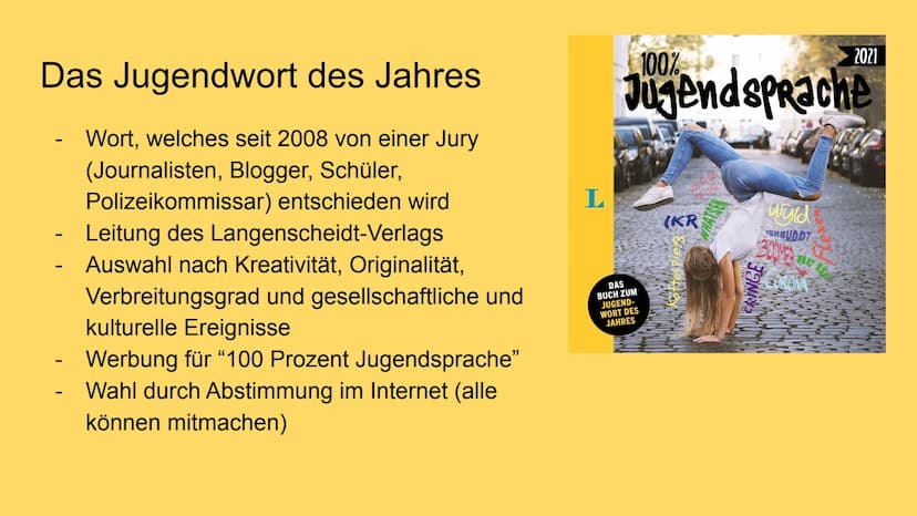 Jugendsprache
Präsentation von Iman Ahmad Inhaltsverzeichnis
-
-
Was ist Jugendsprache?
Merkmale der Jugendsprache
Funktion der Jugendsprach