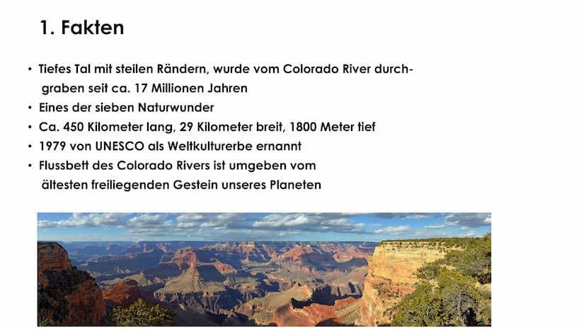 Grand Canyon
TEKET
Erdkunde GFS Marie-Sophie Pfeffer Gliederung
1. Allgemeine Informationen
- Lage
Fakten
2. Entstehung
- Verschiedene Geste