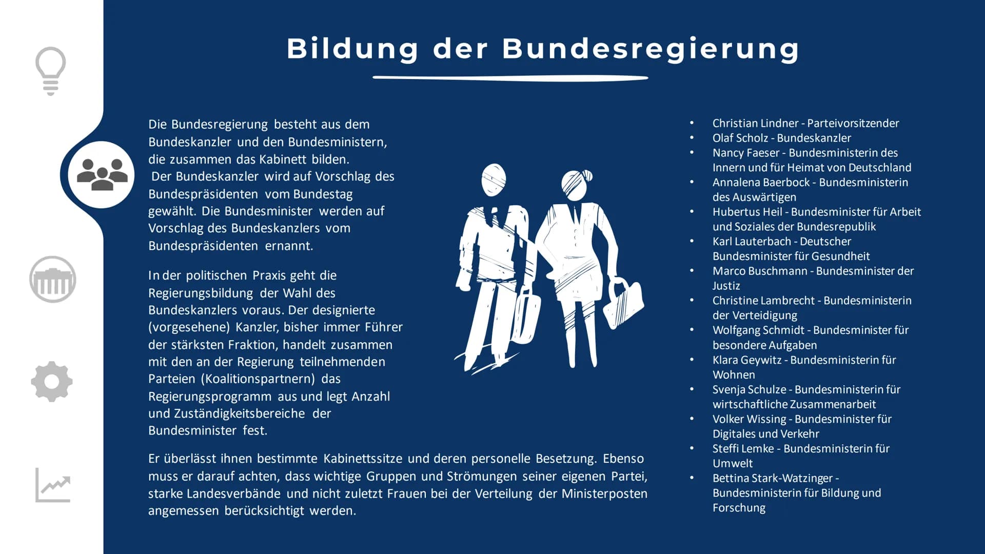 Bundesregierung
Oberste ausführende, vollziehende Gewalt
Zusammensetzung
Rolle im
Gesetzgebungs-
prozess
Definition
Legitimation
Verhältnis 