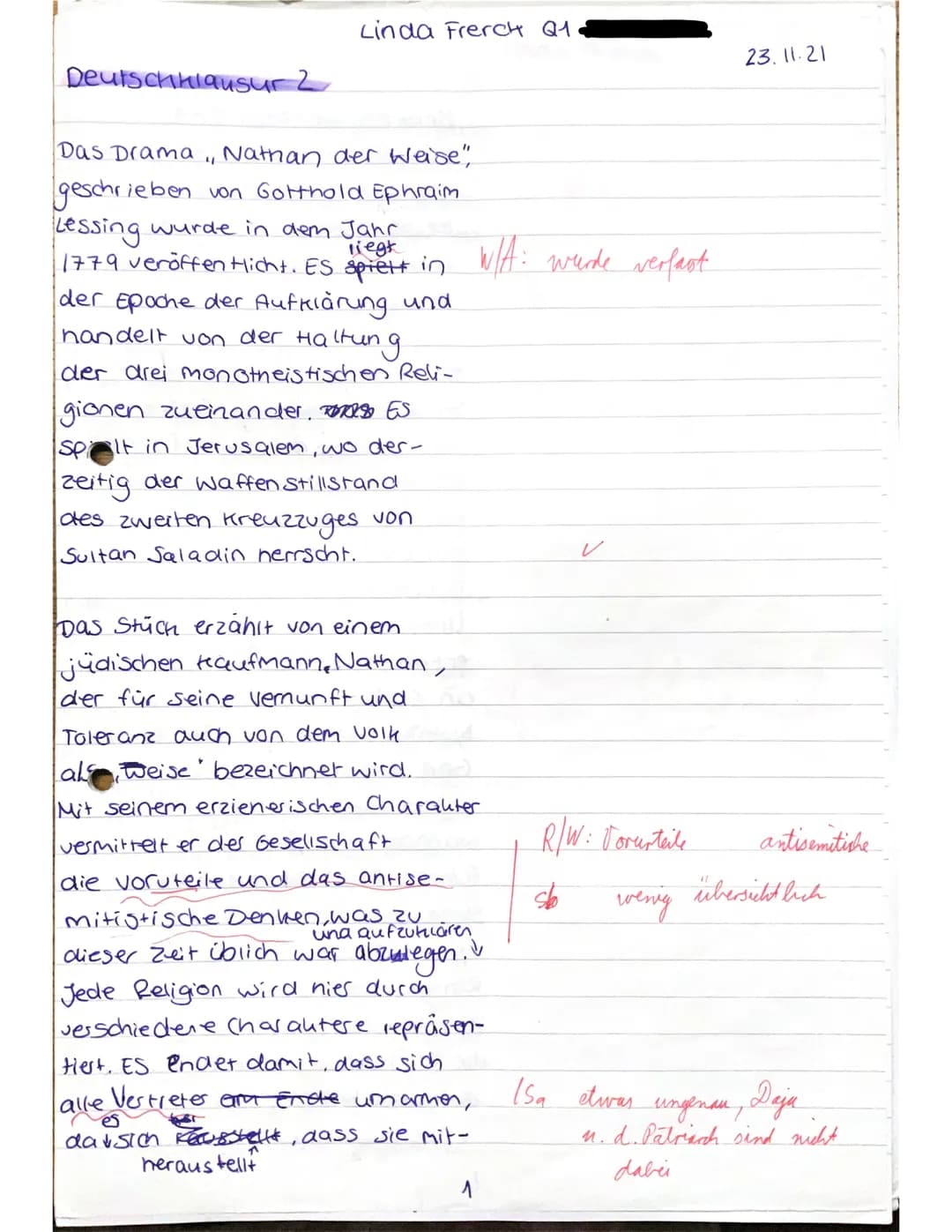 Deutschhlausur 2
Linda French Q1.
Das Drama, Nathan der Weise",
geschrieben von Gotthold Ephraim
Lessing wurde in dem Jahr
liegk
1779 veröff