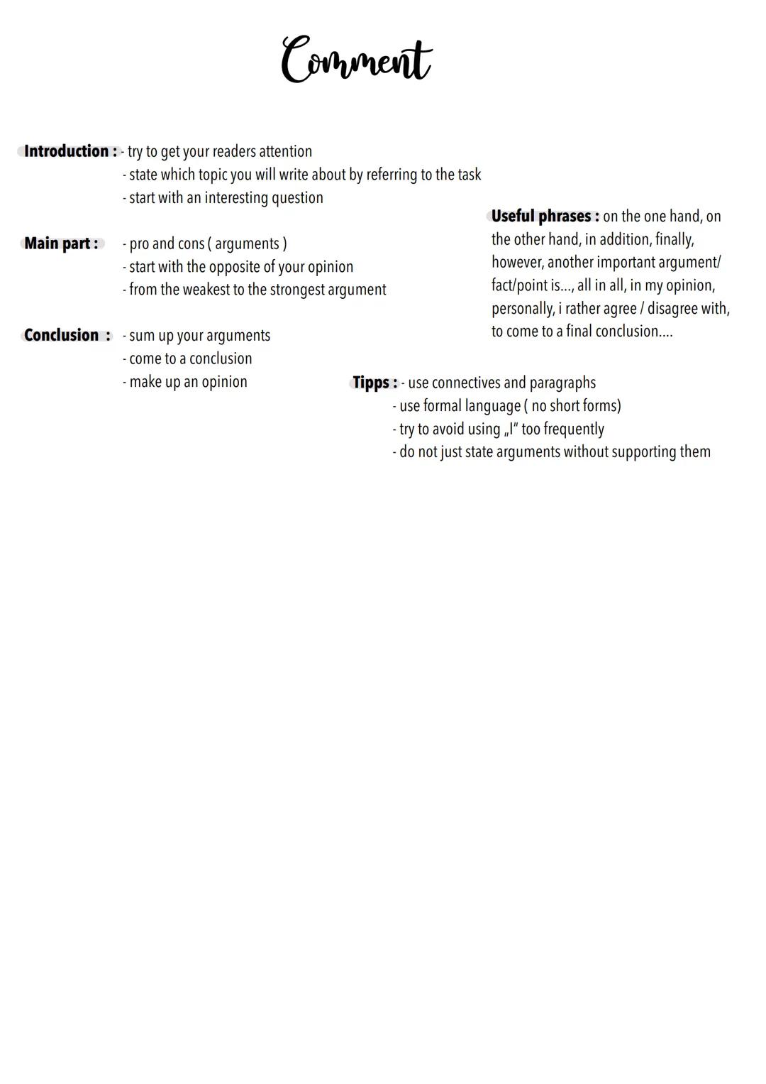 Introduction : -Author
-title
- type of text
-year of publication
- topic of the text
Main part:
Ending :
Introduction :
Summary
Main part:
