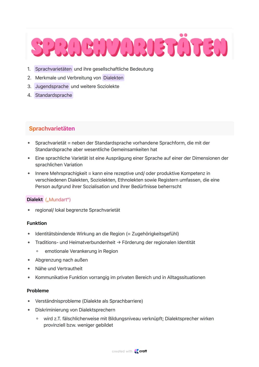 1. Sprachvarietäten und ihre gesellschaftliche Bedeutung
2. Merkmale und Verbreitung von Dialekten
3. Jugendsprache und weitere Soziolekte
4