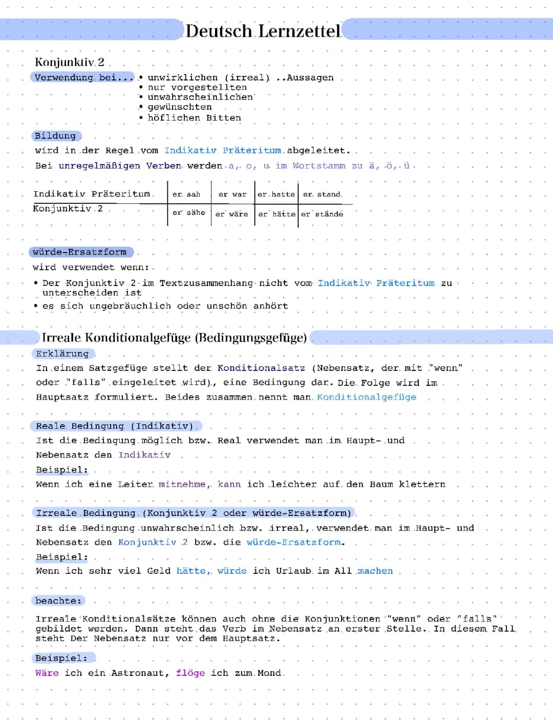Konjunktiv 1 und 2 Lernzettel