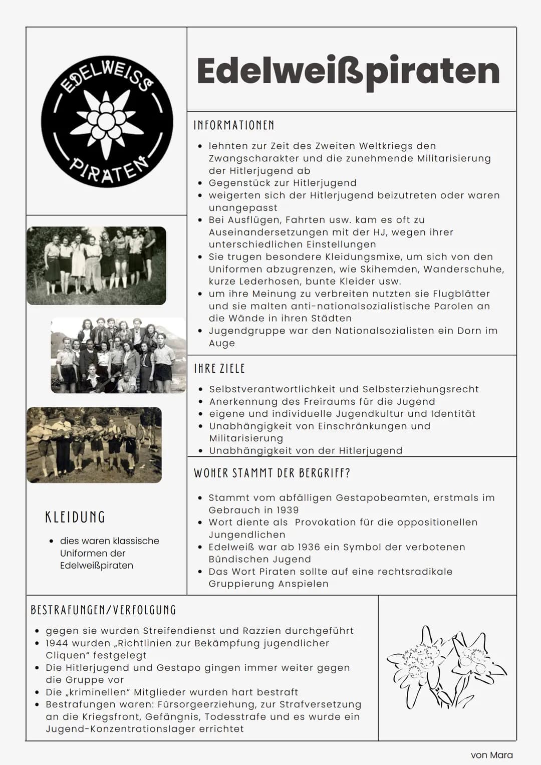 EDELWEISS Edelweißpiraten
PIRATEN
KLEIDUNG
dies waren klassische
Uniformen der
Edelweißpiraten
INFORMATIONEN
• lehnten zur Zeit des Zweiten 