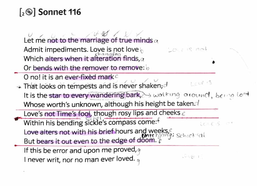 Analysing a sonnet
Mittwoch, 25. November 2020
11:49
1. Summarize the contents of the sonnet.
2. Analyse the structure of the sonnet. How do