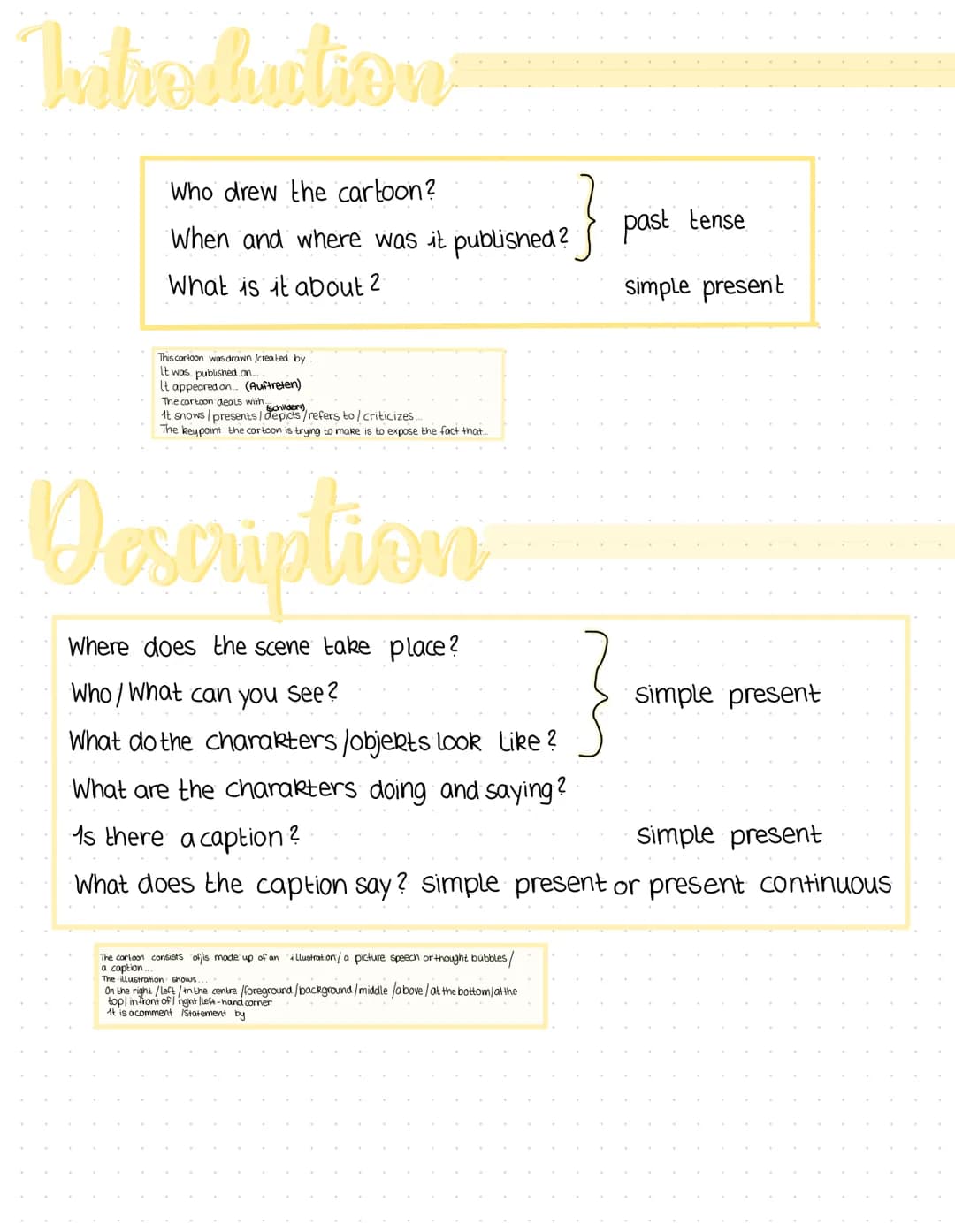 Analysis
What is being commented on /what is being made fun of?
What message do the characters /objects/text communicate ?
Are the character