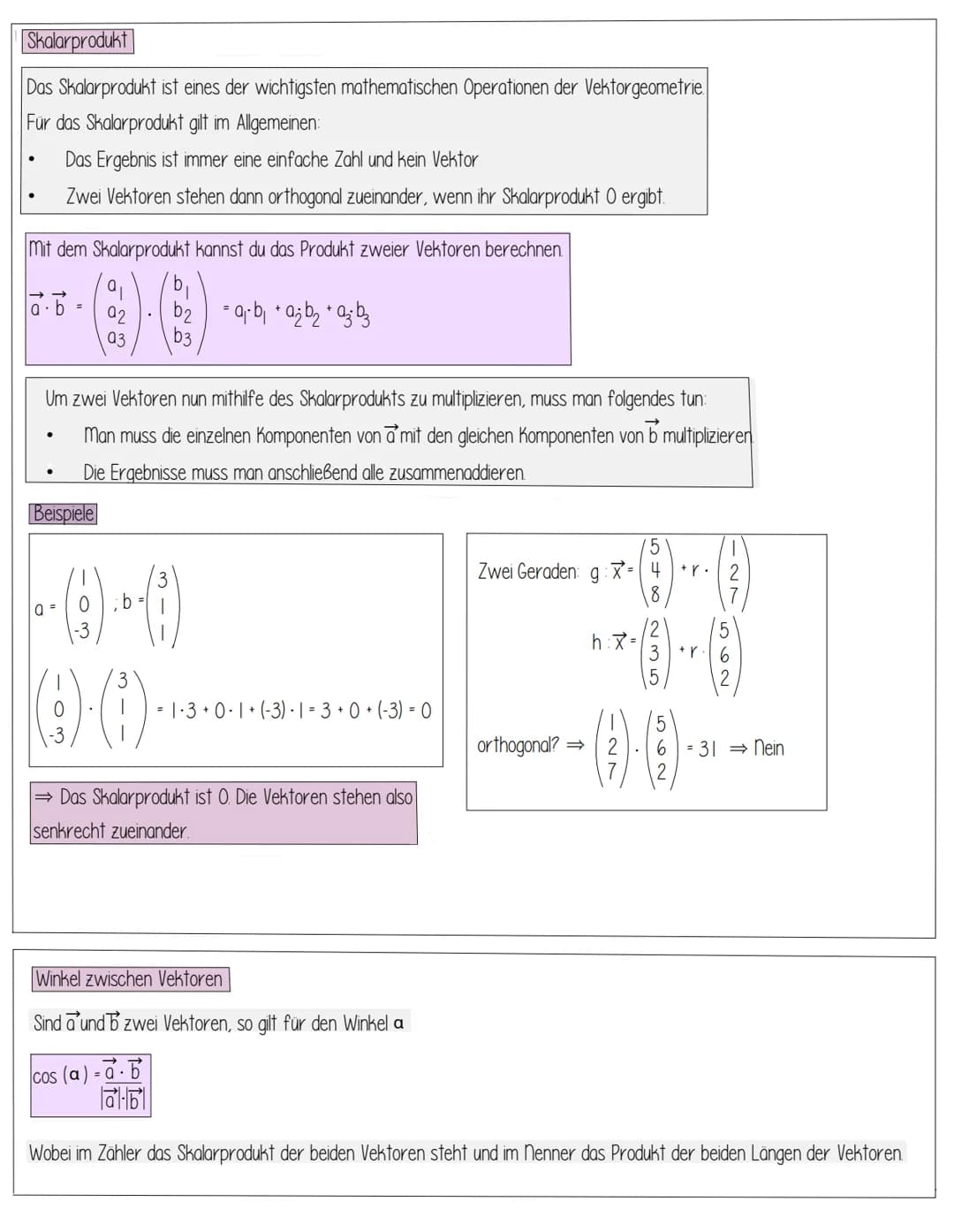 Skalarprodukt
Das Skalarprodukt ist eines der wichtigsten mathematischen Operationen der Vektorgeometrie.
Für das Skalarprodukt gilt im Allg