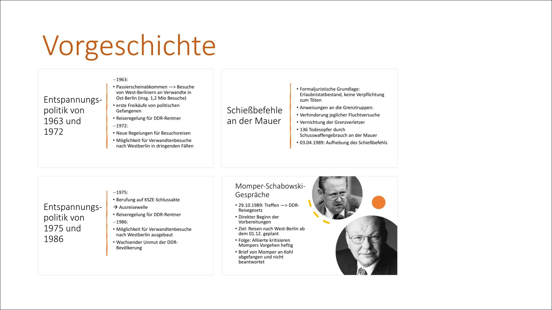E
Mauerfall 1989 Gliederung
Vorgeschichte
Ursachen
Verlauf
Folgen
Quellen Vorgeschichte
Entspannungs-
politik von
1963 und
1972
Entspannungs