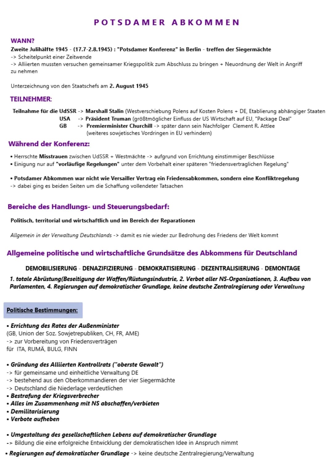 POTSDAMER ABKOMMEN
WANN?
Zweite Julihälfte 1945-(17.7-2.8.1945): "Potsdamer Konferenz" in Berlin - treffen der Siegermächte
-> Scheitelpunkt