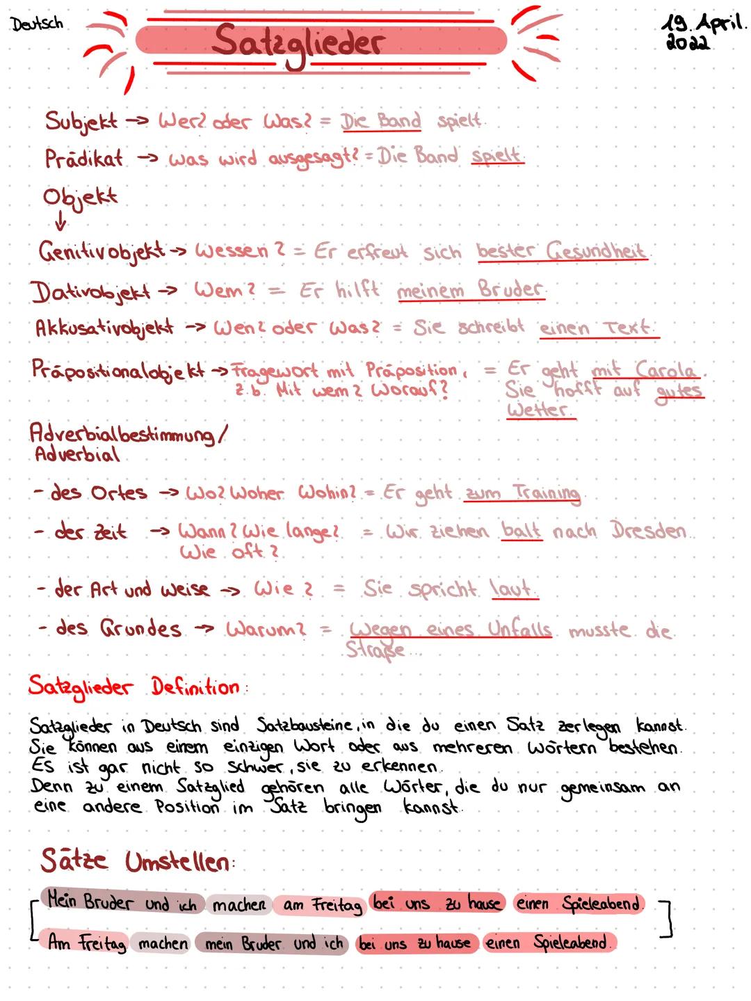 Deutsch

# Satzglieder

Subjekt Wer? oder Was? = Die Band spielt.

Prädikat was wird ausgesagt? = Die Band spielt.

Objekt

↓

Genitivobjekt
