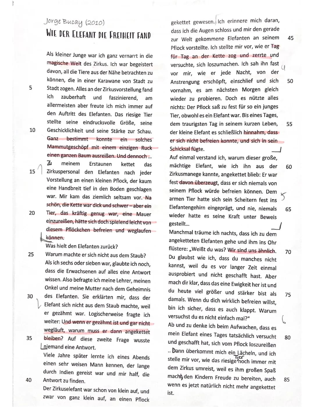 Bewertungsbogen zu Jorge Bucay's Parabel ,,Wie der Elefant die Freiheit fand"
Name der Schülerin:
Inhaltliche Leistung
Kriterien: Die Schüle