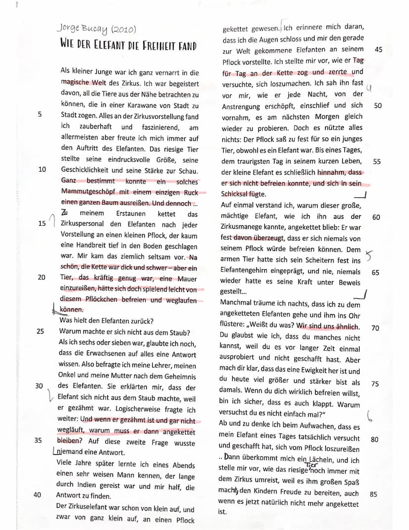 Bewertungsbogen zu Jorge Bucay's Parabel ,,Wie der Elefant die Freiheit fand"
Name der Schülerin:
Inhaltliche Leistung
Kriterien: Die Schüle