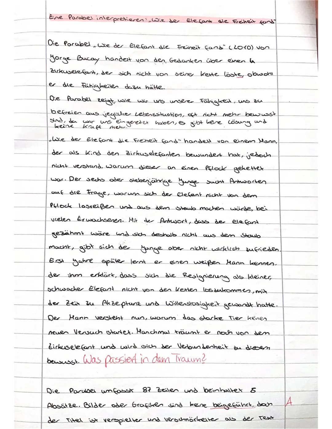 Bewertungsbogen zu Jorge Bucay's Parabel ,,Wie der Elefant die Freiheit fand"
Name der Schülerin:
Inhaltliche Leistung
Kriterien: Die Schüle