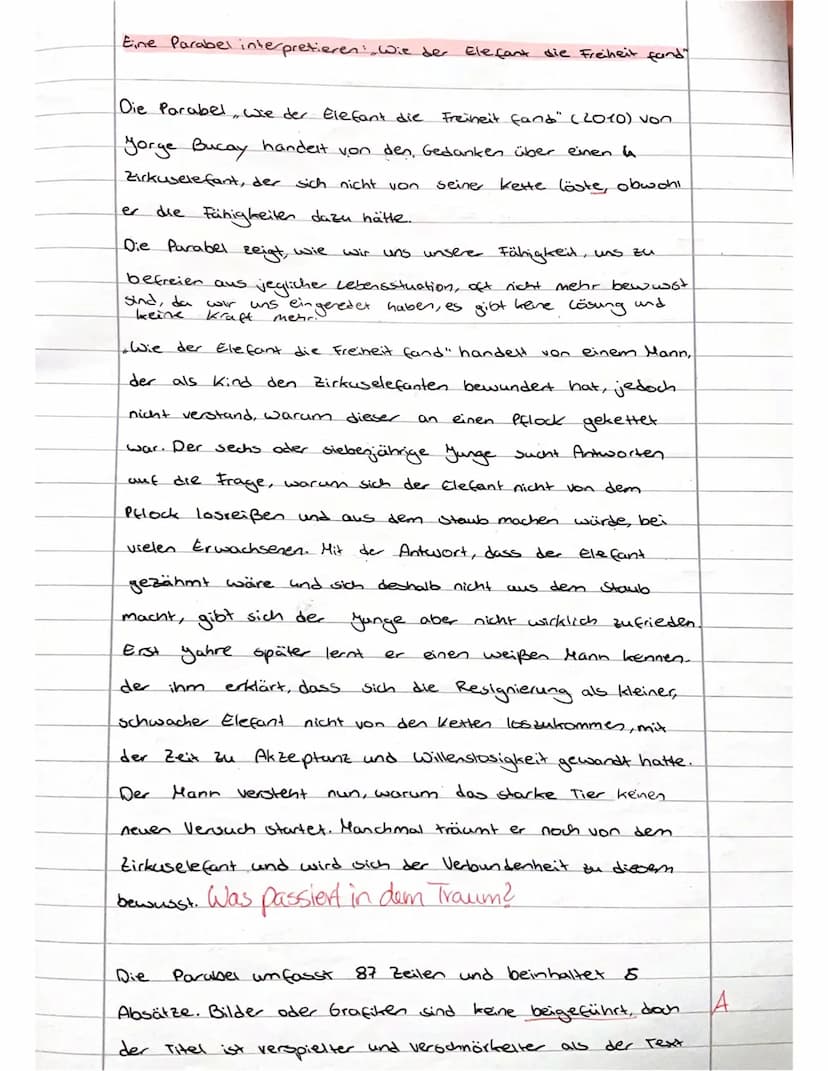 Bewertungsbogen zu Jorge Bucay's Parabel ,,Wie der Elefant die Freiheit fand"
Name der Schülerin:
Inhaltliche Leistung
Kriterien: Die Schüle