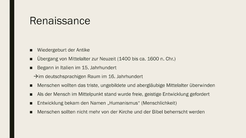 RENAISSANCE,
HUMANISMUS UND DAS
NEUE WELTBILD Renaissance
■Wiedergeburt der Antike
■ Übergang von Mittelalter zur Neuzeit (1400 bis ca. 1600