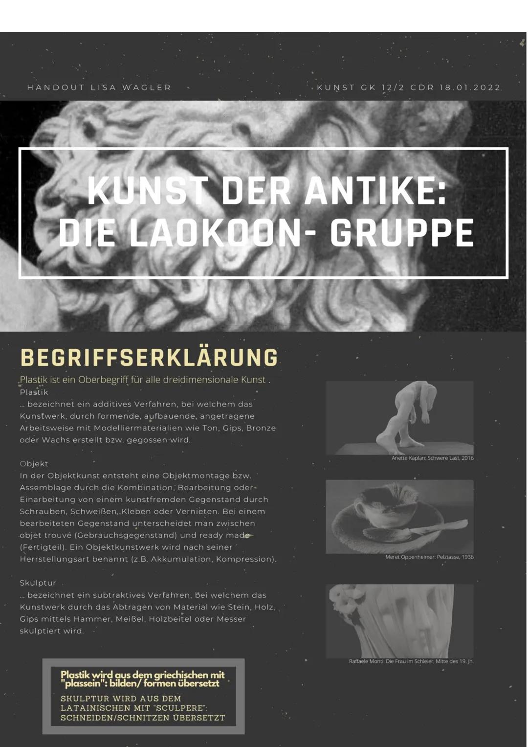 HANDOUT LISA WAGLER
KUNST DER ANTIKE:
DIE LAOKOON- GRUPPE
BEGRIFFSERKLÄRUNG
Plastik ist ein Oberbegriff für alle dreidimensionale Kunst.
Pla