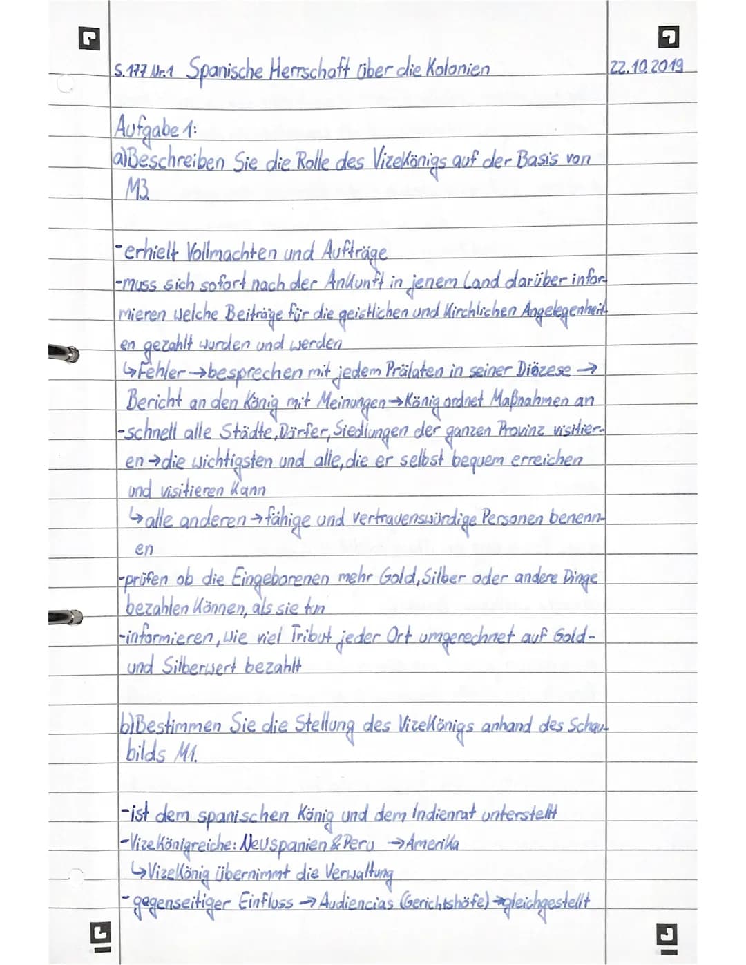 L
IG
5.177. Mr.1 Spanische Herrschaft über die Kolonien
Aufgabe 1
a) Beschreiben Sie die Rolle des Vizekönigs auf der Basis von
M3
erhielt V