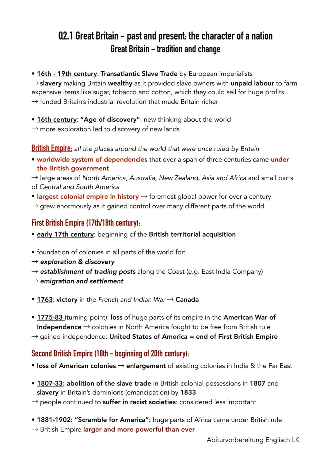 Q2.1 Great Britain - past and present: the character of a nation
Great Britain - tradition and change
• 16th - 19th century: Transatlantic S