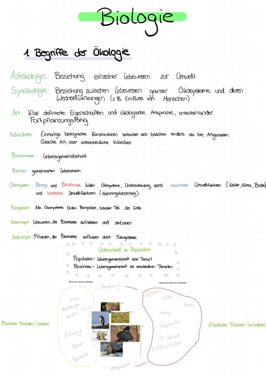 1 Begriffe der Ökologie
Autökologie Beziehung einzelner Lebewesen.
Synäkologie Beziehung zwischen Lebewesen
Art: Klar definierte
zur Umwelt
