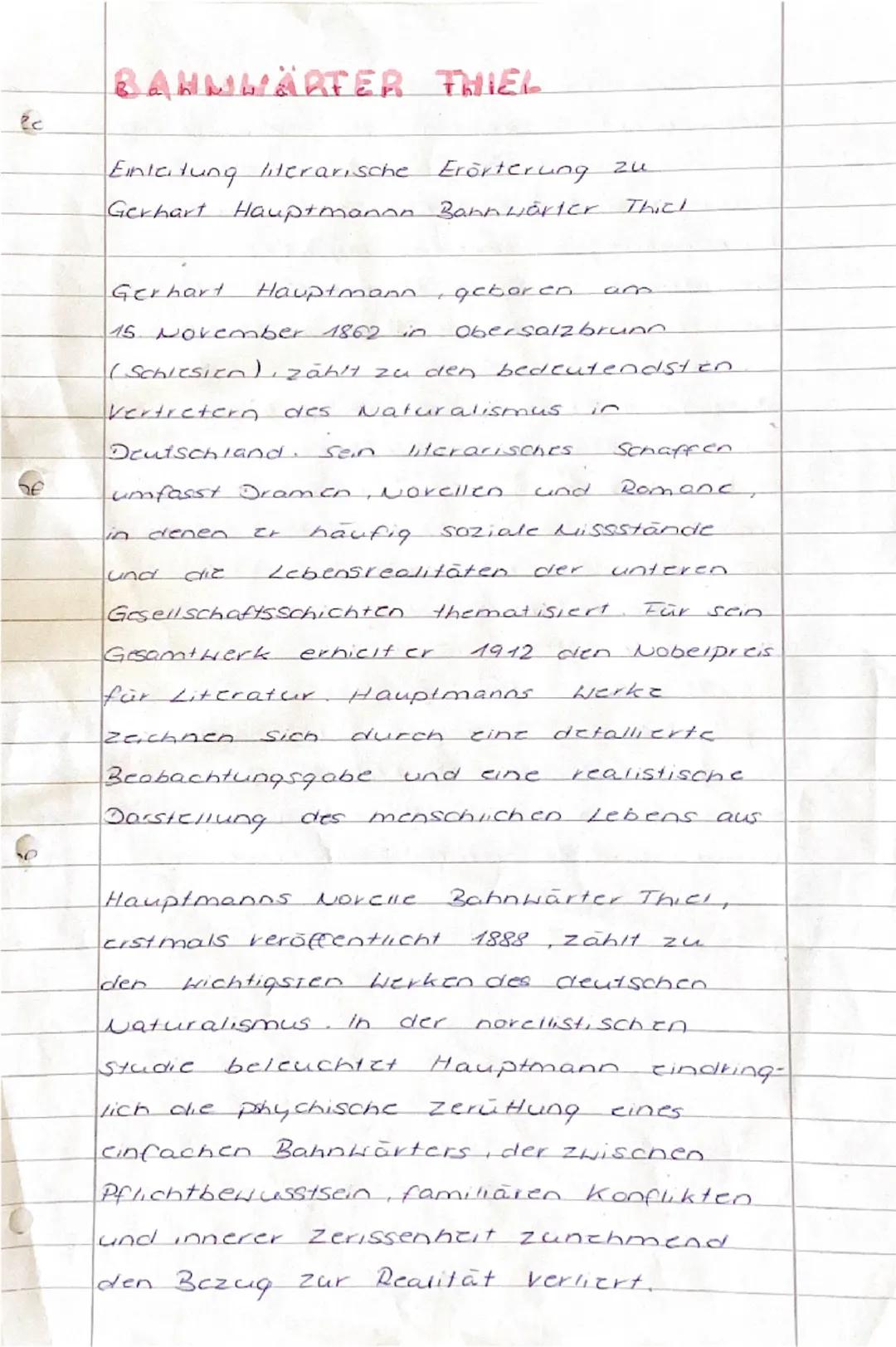 # BAHNWÄRTER THIEL

Einleitung literarische Erörterung zu
Gerhart Hauptmann Bahnwärter Thiel

Gerhart Hauptmann geboren am
15. November 1862