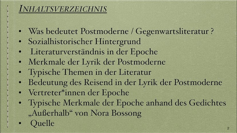 Epoche Postmoderne /
:
Gegenwartsliteratur
Victoria & Natalia Q2 INHALTSVERZEICHNIS
●
Was bedeutet Postmoderne / Gegenwartsliteratur?
Sozial