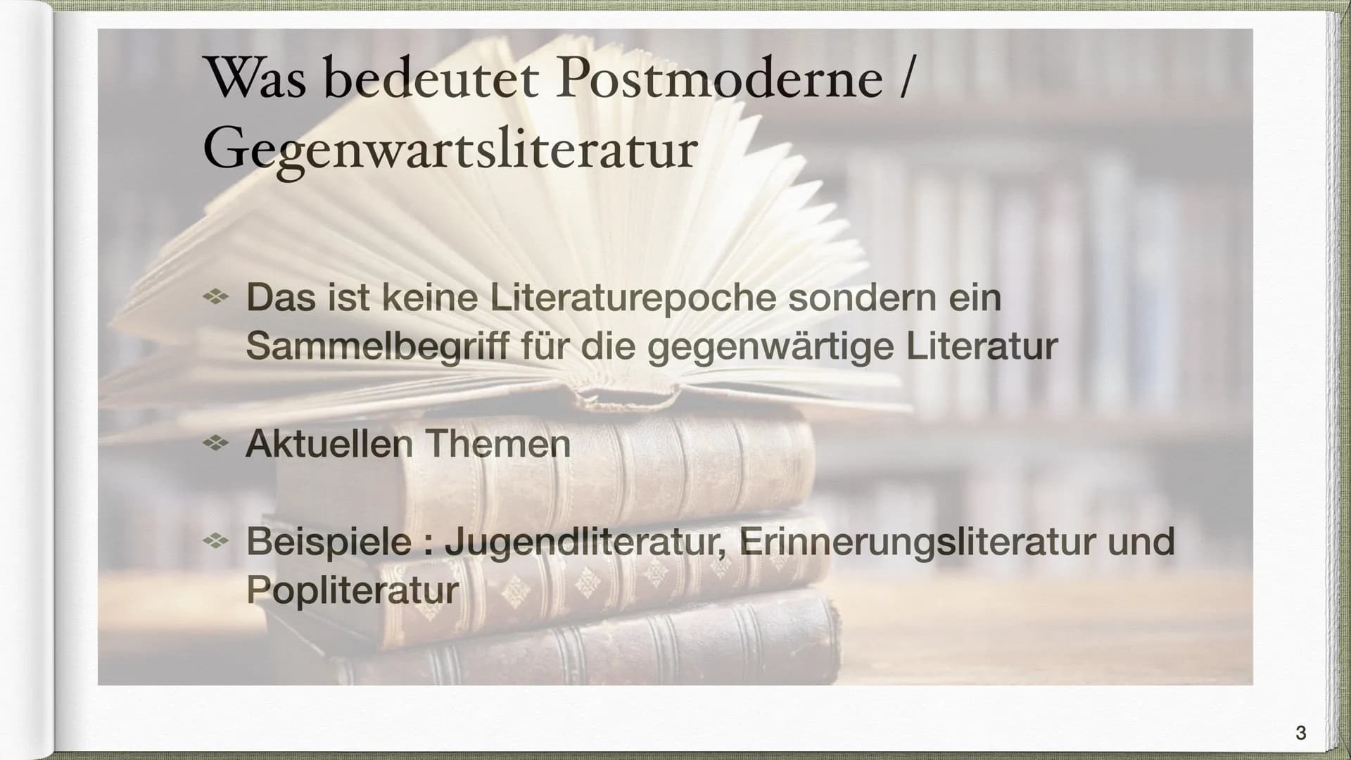 Epoche Postmoderne /
:
Gegenwartsliteratur
Victoria & Natalia Q2 INHALTSVERZEICHNIS
●
Was bedeutet Postmoderne / Gegenwartsliteratur?
Sozial