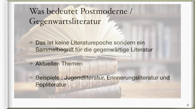 Epoche Postmoderne /
:
Gegenwartsliteratur
Victoria & Natalia Q2 INHALTSVERZEICHNIS
●
Was bedeutet Postmoderne / Gegenwartsliteratur?
Sozial