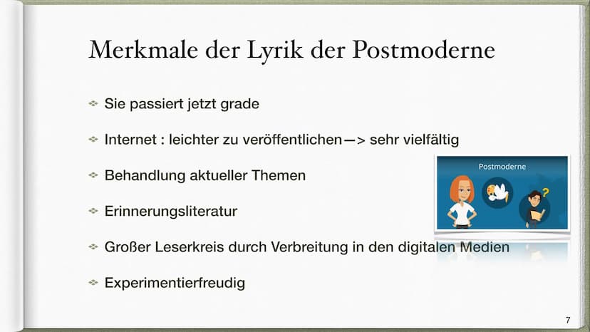 Epoche Postmoderne /
:
Gegenwartsliteratur
Victoria & Natalia Q2 INHALTSVERZEICHNIS
●
Was bedeutet Postmoderne / Gegenwartsliteratur?
Sozial