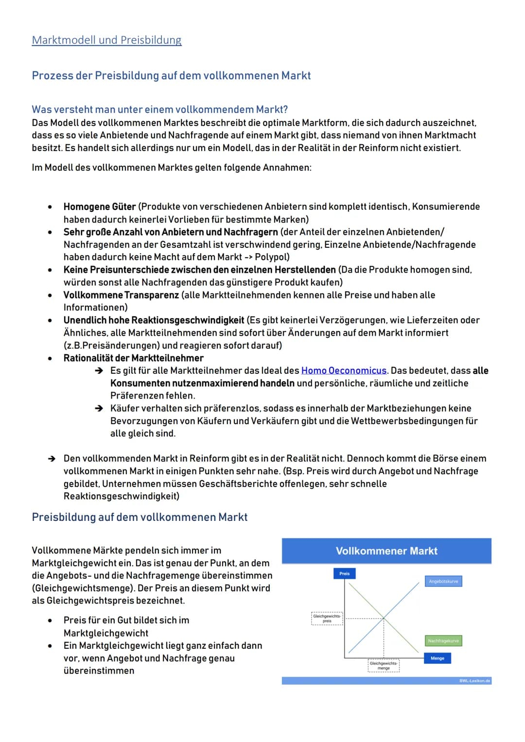 Marktmodell und Preisbildung
Prozess der Preisbildung auf dem vollkommenen Markt
Was versteht man unter einem vollkommendem Markt?
Das Model