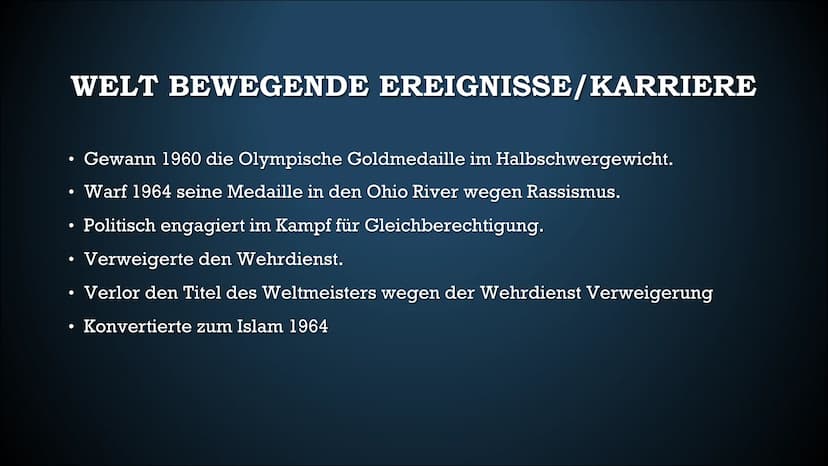 MUHAMMAD ALI ●
●
STECKBRIEF
US - Amerikanischer Box - Weltmeister.
• Begann das Boxtraining mit 12 Jahren.
Hatte einen Bruder Rahman Ali.
Wu