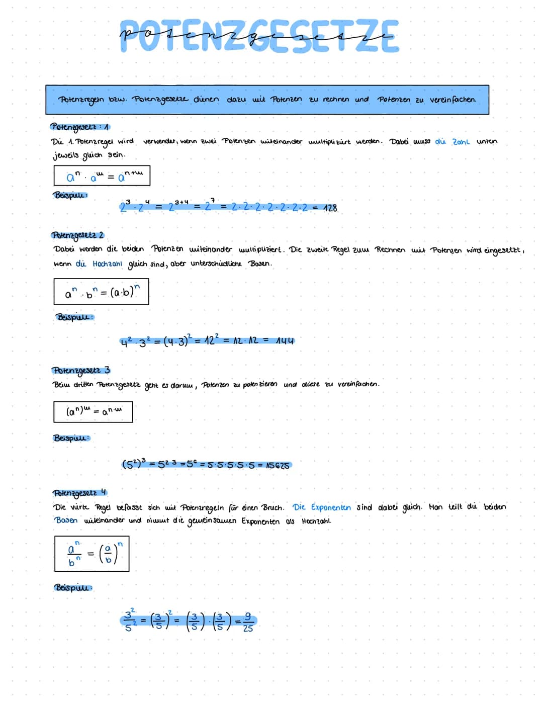 Potenzregeln bzw. Potenzgesetze dienen dazu wit Potenzen zu rechnen und Potenzen zu vereinfachen.
Potenzgesetz : 1
Die 1. Potenzregel wird
j