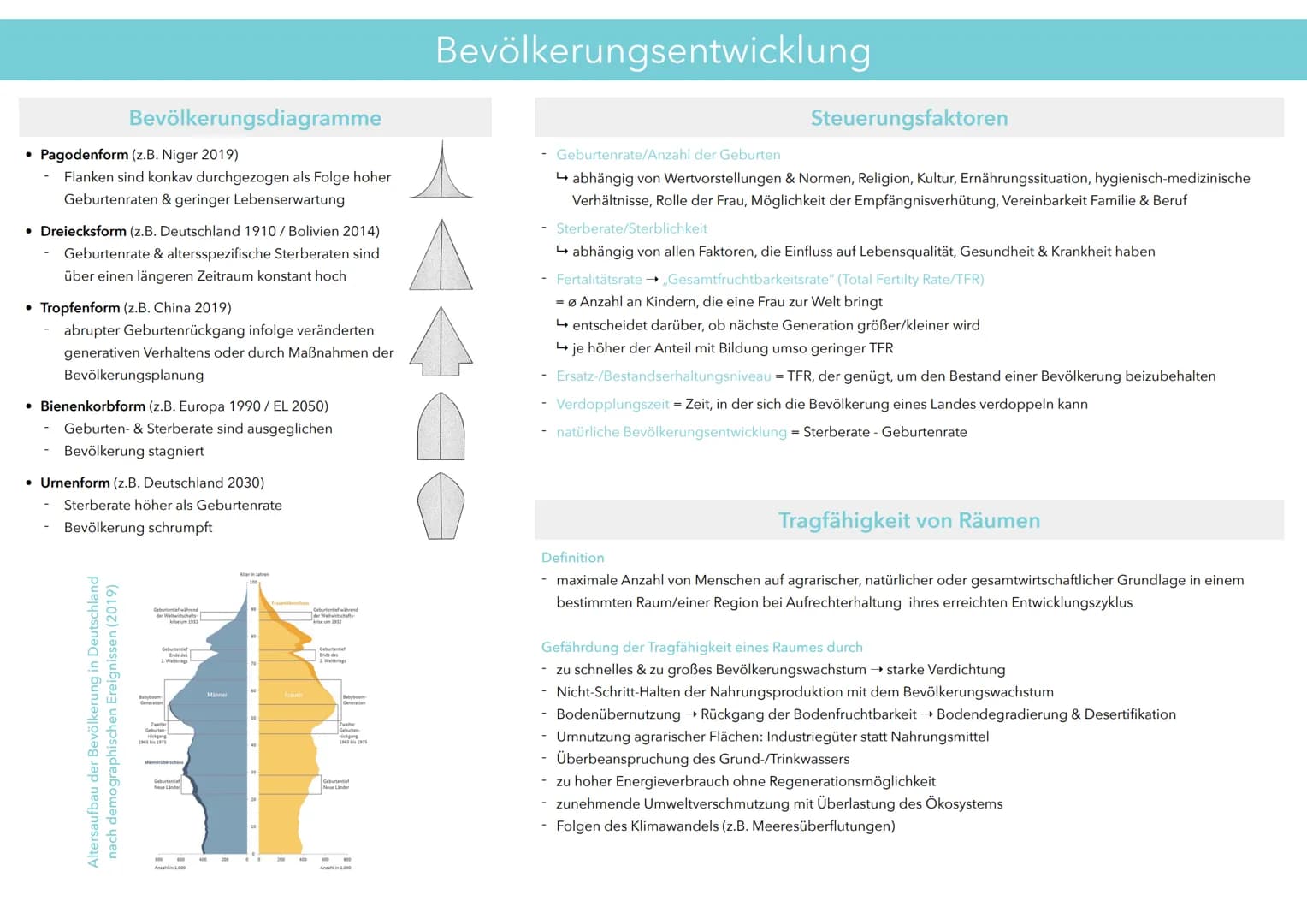 Bevölkerungsdiagramme
• Pagodenform (z.B. Niger 2019)
Flanken sind konkav durchgezogen als Folge hoher
Geburtenraten & geringer Lebenserwart