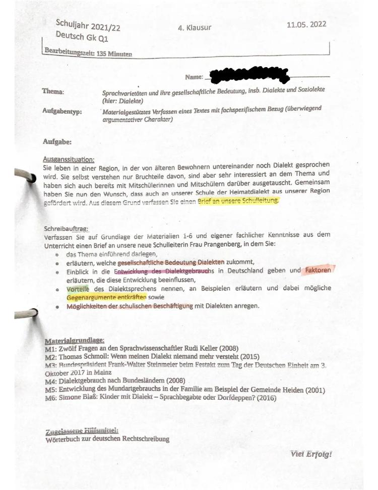Know Klausur Materialgestütztes Schreiben Dialekte und Soziolekte  thumbnail