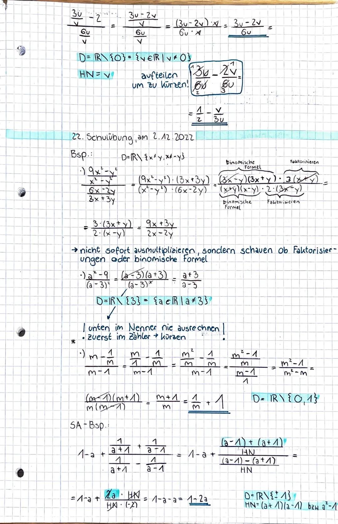# Bruchterme

Bsp.: $\frac{2m}{15a} - \frac{m}{9a} = \frac{6m}{45a} - \frac{5m}{45a} = \frac{m}{45a}$

1) Definitionsmenge

D=IR\{0} = {a∈ R