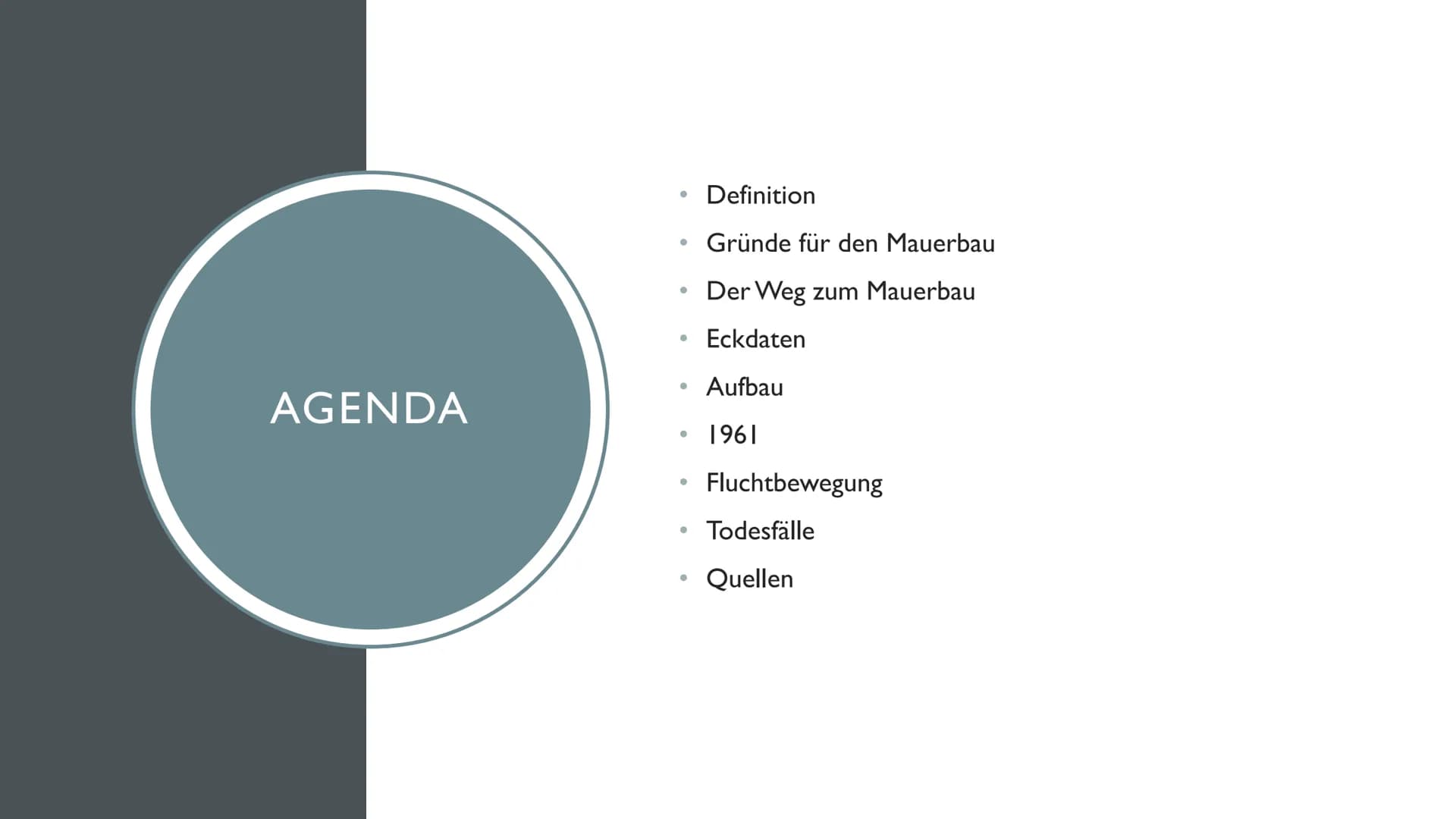 BAU DER
BERLINER
MAUER AGENDA
●
●
●
●
●
●
●
●
Definition
Gründe für den Mauerbau
Der Weg zum Mauerbau
Eckdaten
Aufbau
1961
Fluchtbewegung
To
