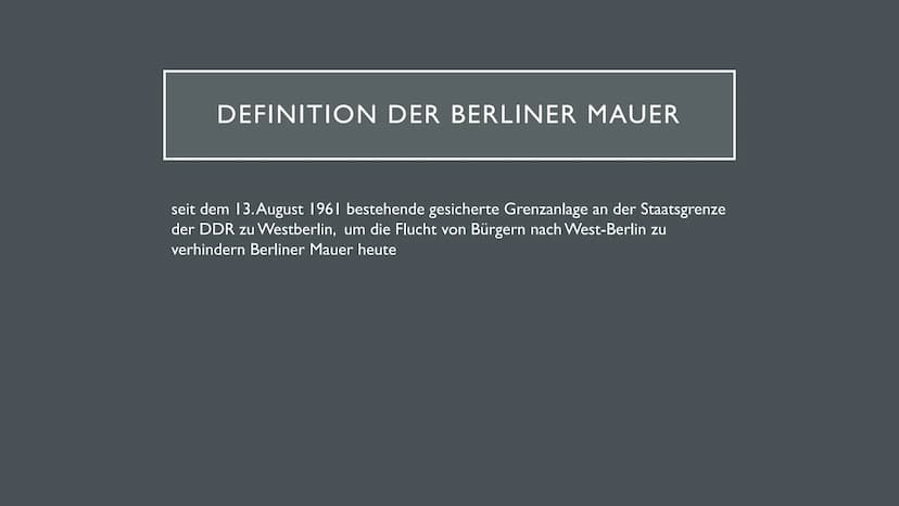 BAU DER
BERLINER
MAUER AGENDA
●
●
●
●
●
●
●
●
Definition
Gründe für den Mauerbau
Der Weg zum Mauerbau
Eckdaten
Aufbau
1961
Fluchtbewegung
To