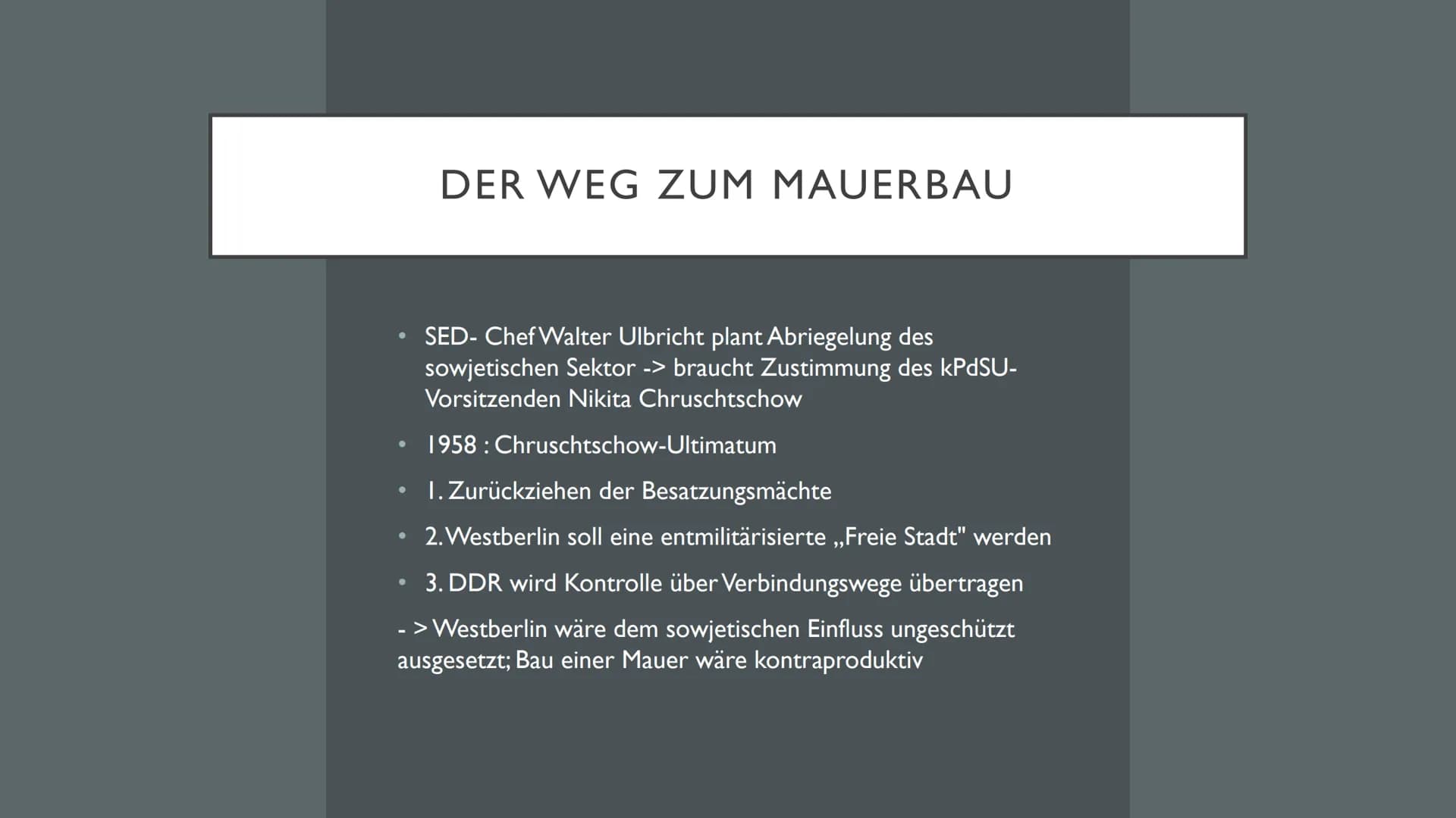 BAU DER
BERLINER
MAUER AGENDA
●
●
●
●
●
●
●
●
Definition
Gründe für den Mauerbau
Der Weg zum Mauerbau
Eckdaten
Aufbau
1961
Fluchtbewegung
To