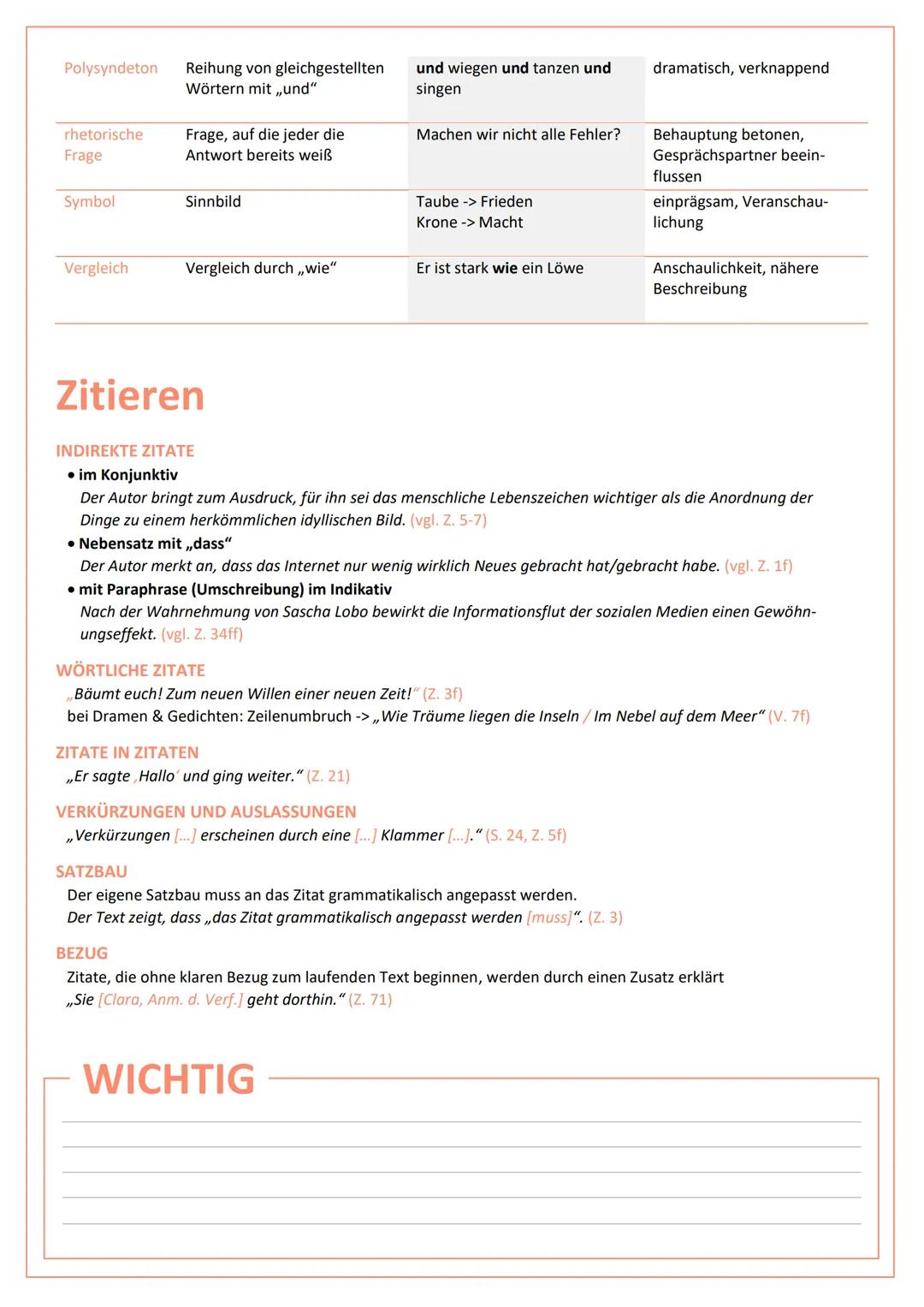 wichtige rhetorische Mittel
STILMITTEL ERKLÄRUNG
Alliteration
Anapher
Antithese
Aposiopese
Asyndeton
Chiasmus
Ellipse
Hyperbel
Ironie
Klimax
