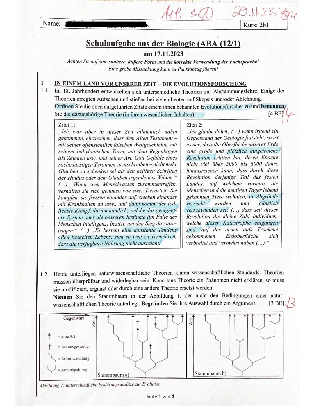 Name:
1.2
Schulaufgabe aus der Biologie (ABA (12/1)
am 17.11.2023
Achten Sie auf eine saubere, äußere Form und die korrekte Verwendung der F