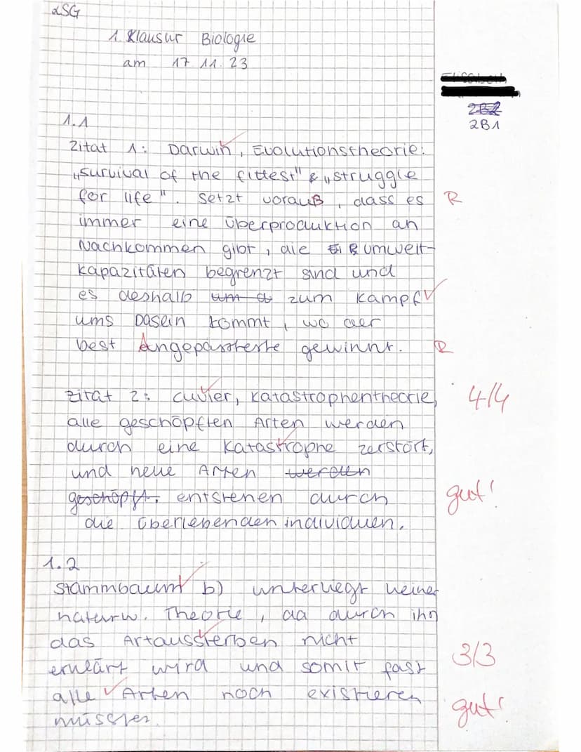 Name:
1.2
Schulaufgabe aus der Biologie (ABA (12/1)
am 17.11.2023
Achten Sie auf eine saubere, äußere Form und die korrekte Verwendung der F