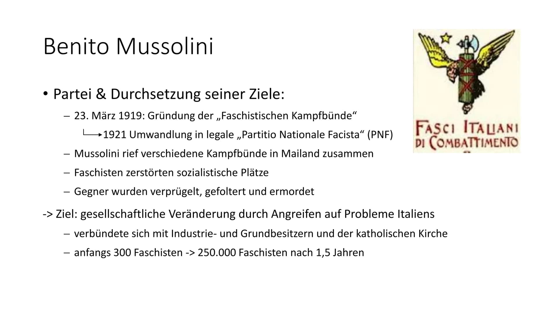 Faschismus
(von italienisch fascio ,,Bund") Gliederung
●
Definition
Faschismus in Italien
- Entstehung
Benito Mussolini
●
Biographie
- Parte