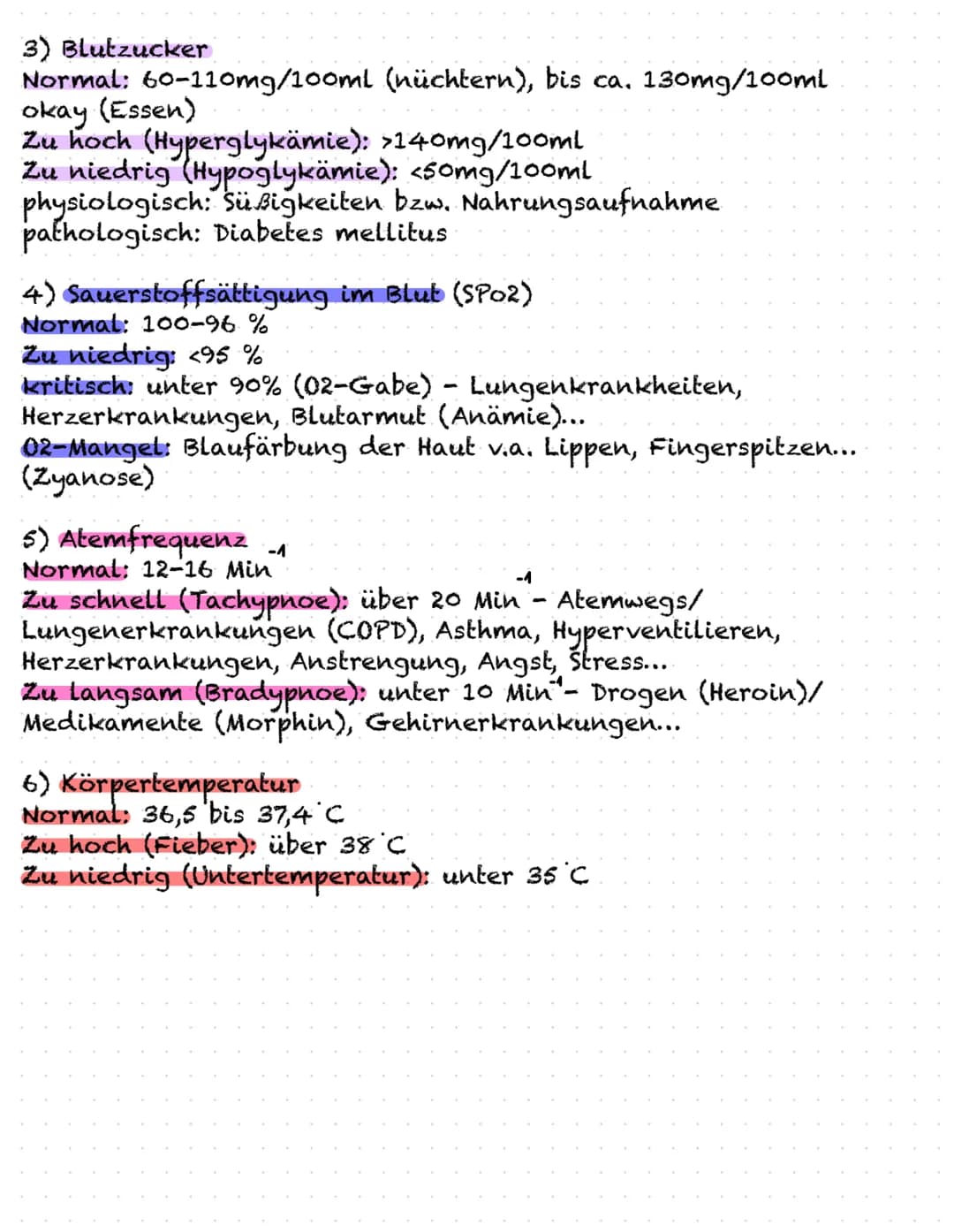 Vitalzeichen
1) Herzfrequenz/ Puls (wie schnell das Herz schlägt)
Normal: 60-80 Schläge pro Minute, bpm, Min"(=Schläge)
Minute
Tachykardie (