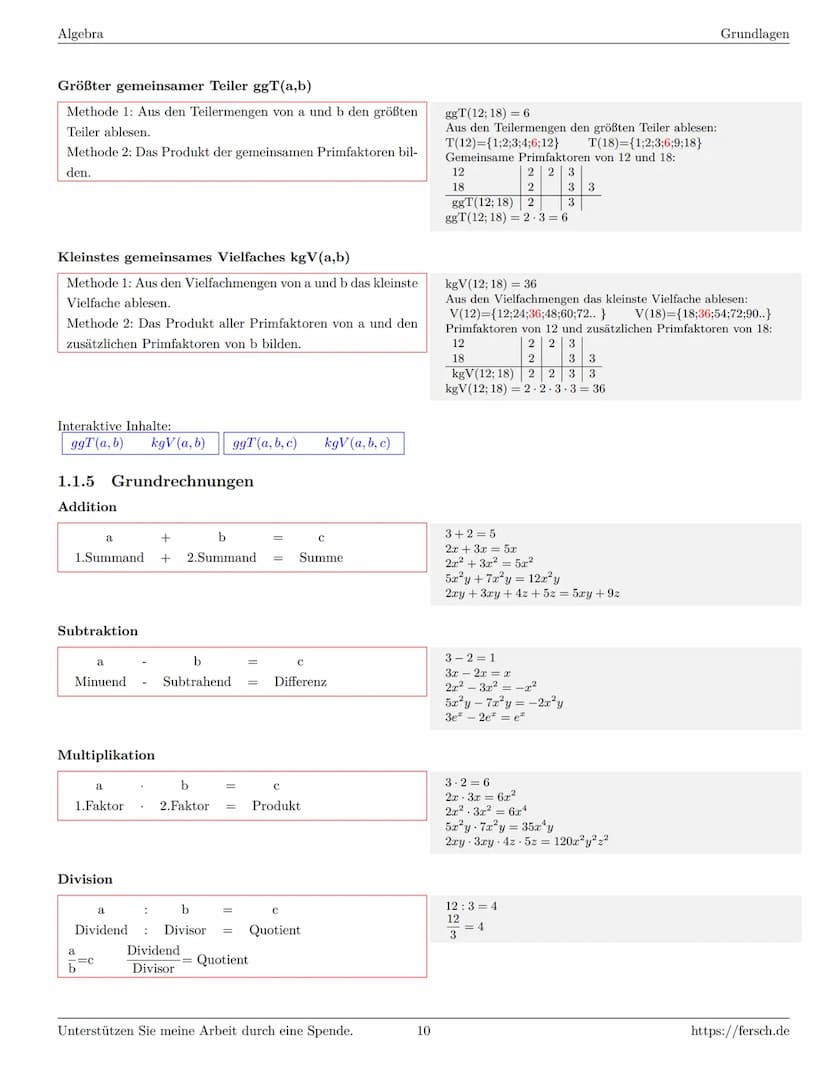 Inhaltsverzeichnis
1 Algebra
1.1 Grundlagen
Formelsammlung Mathematik
1.1.1 Mengen
1.1.2 Mengenoperationen
1.1.3 Zahlenmengen
1.1.4 Primfakt