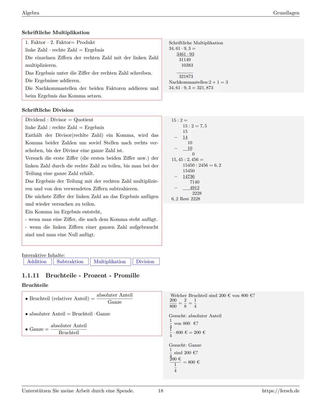 Inhaltsverzeichnis
1 Algebra
1.1 Grundlagen
Formelsammlung Mathematik
1.1.1 Mengen
1.1.2 Mengenoperationen
1.1.3 Zahlenmengen
1.1.4 Primfakt