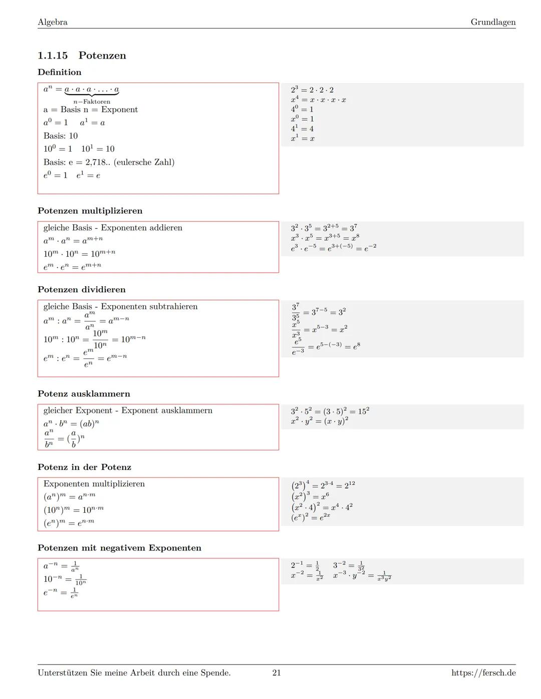 Inhaltsverzeichnis
1 Algebra
1.1 Grundlagen
Formelsammlung Mathematik
1.1.1 Mengen
1.1.2 Mengenoperationen
1.1.3 Zahlenmengen
1.1.4 Primfakt