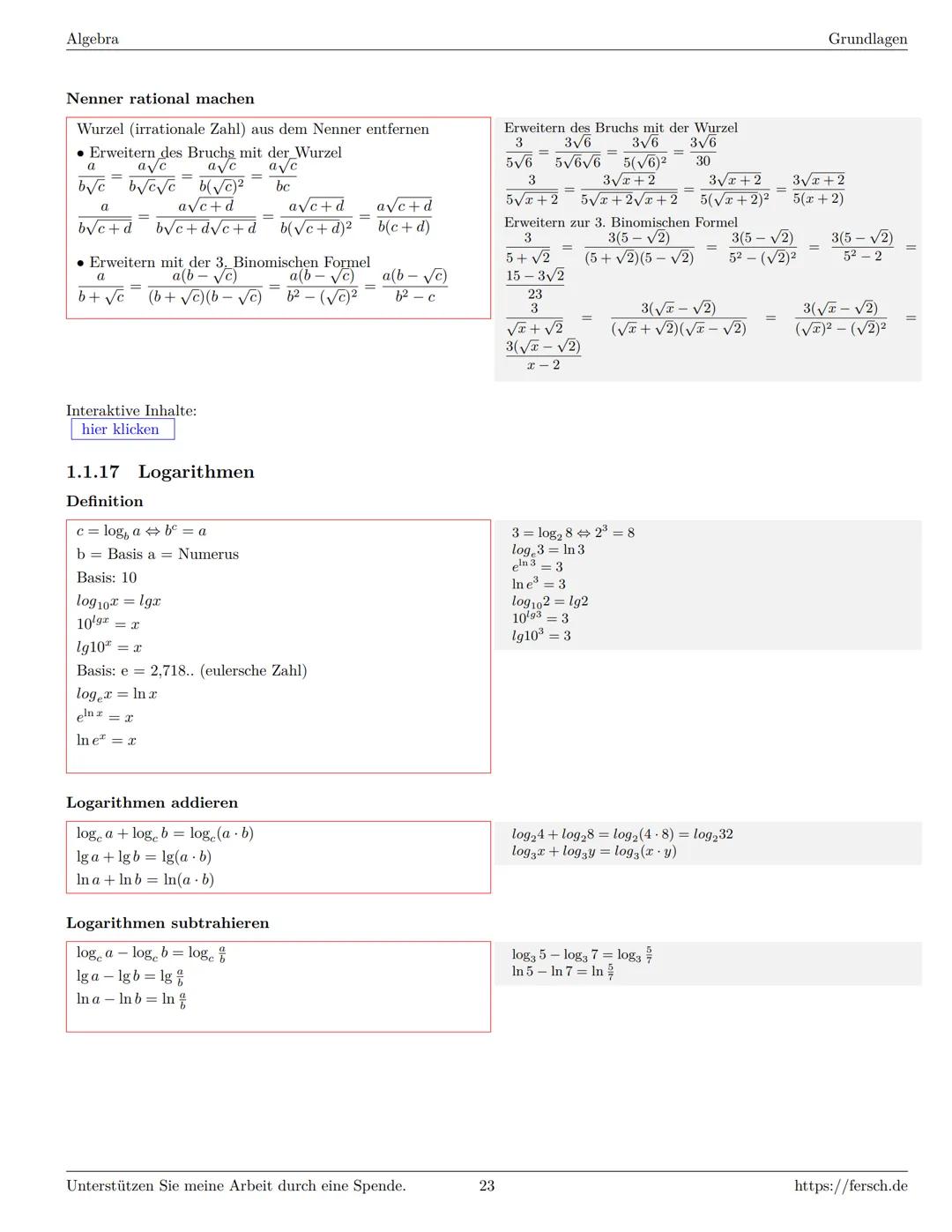 Inhaltsverzeichnis
1 Algebra
1.1 Grundlagen
Formelsammlung Mathematik
1.1.1 Mengen
1.1.2 Mengenoperationen
1.1.3 Zahlenmengen
1.1.4 Primfakt