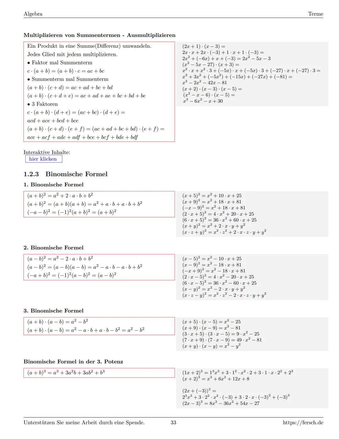 Inhaltsverzeichnis
1 Algebra
1.1 Grundlagen
Formelsammlung Mathematik
1.1.1 Mengen
1.1.2 Mengenoperationen
1.1.3 Zahlenmengen
1.1.4 Primfakt